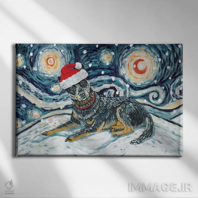 تابلو دکوراتیو سگ گله استرالیایی در یک شب برفی اثر گرچن کیش سرانو - نمای روبهرو روی دیوار