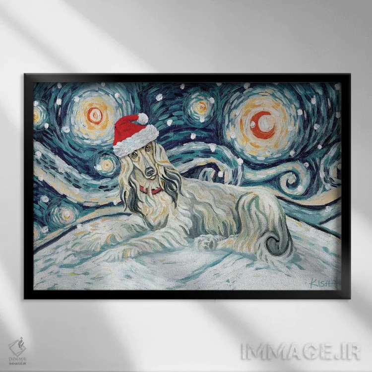 تابلو دکوراتیو سگ افغان در یک شب برفی روشن اثر گرچن کیش سرانو - نمای قابدار مشکی