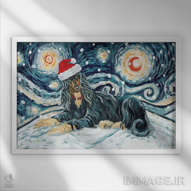 تابلو دکوراتیو سگ شکاری افغانی در شب برفی، مشکی و حنایی اثر گرچن کیش سرانو - نمای قابدار سفید