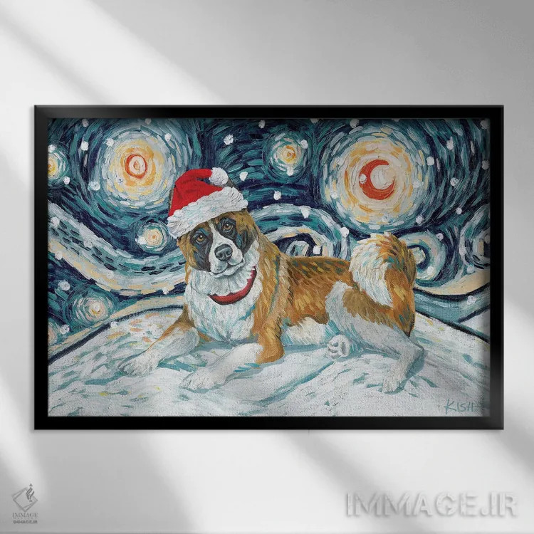 تابلو دکوراتیو آکیتا در یک شب برفی اثر گرچن کیش سرانو - نمای قابدار مشکی