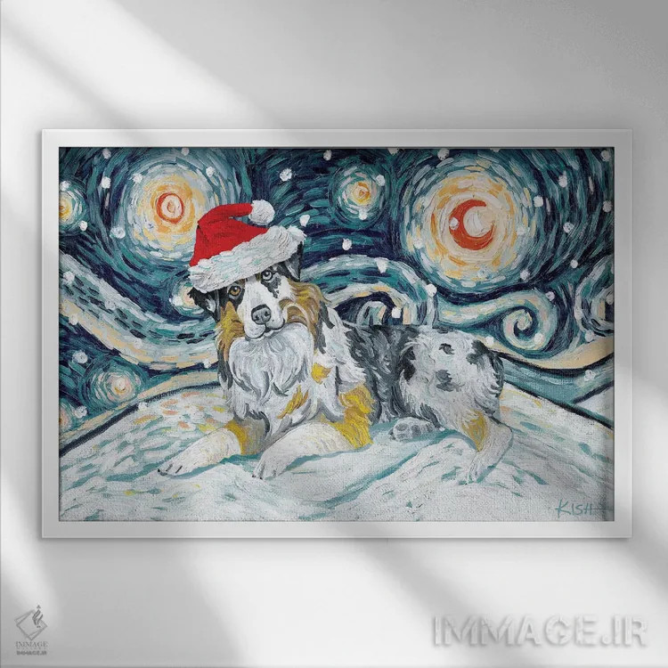 تابلو دکوراتیو سگ شپرد استرالیایی در یک شب برفی اثر گرچن کیش سرانو - نمای قابدار سفید