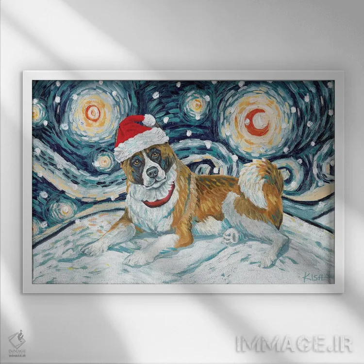 تابلو دکوراتیو آکیتا در یک شب برفی اثر گرچن کیش سرانو - نمای قابدار سفید