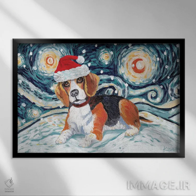 تابلو دکوراتیو بیگل در یک شب برفی اثر گرچن کیش سرانو - نمای قابدار مشکی