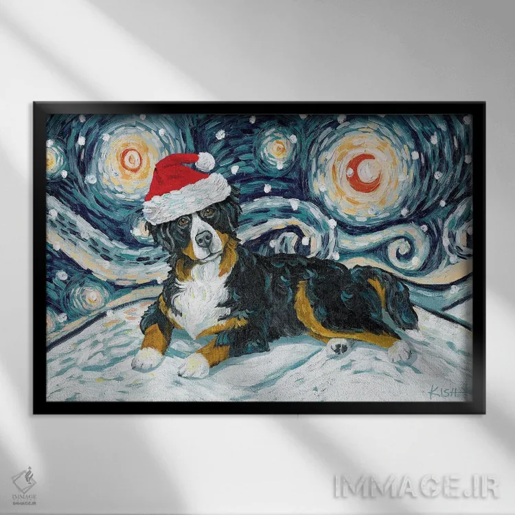 تابلو دکوراتیو سگ کوهستان برن در یک شب برفی اثر گرچن کیش سرانو - نمای قابدار مشکی