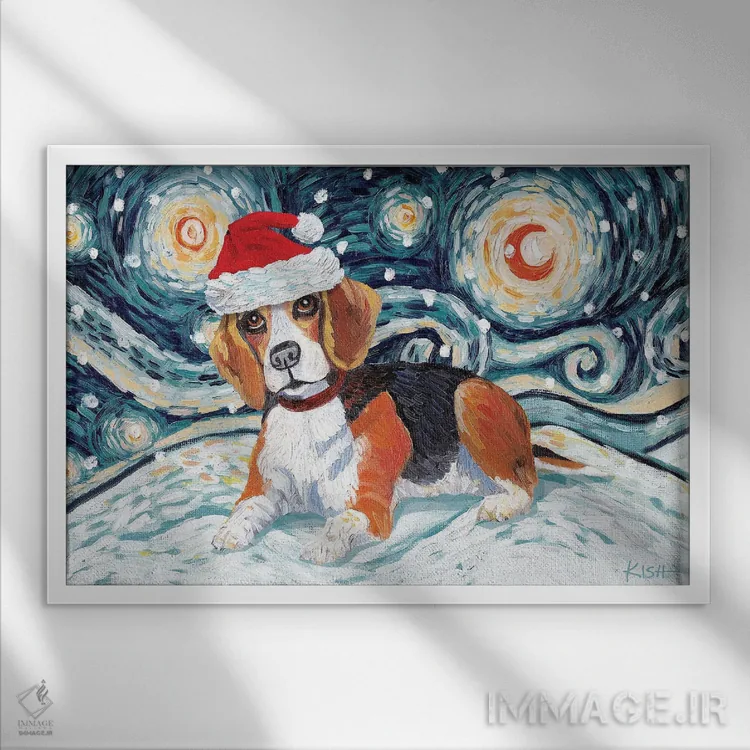 تابلو دکوراتیو بیگل در یک شب برفی اثر گرچن کیش سرانو - نمای قابدار سفید