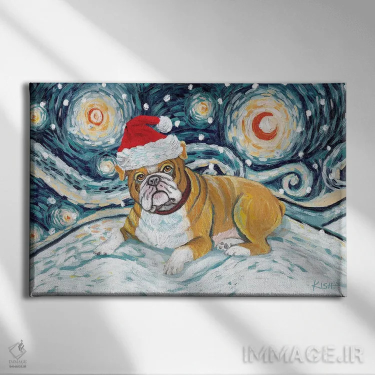 تابلو دکوراتیو بولداگ در یک شب برفی اثر گرچن کیش سرانو - نمای روبهرو روی دیوار
