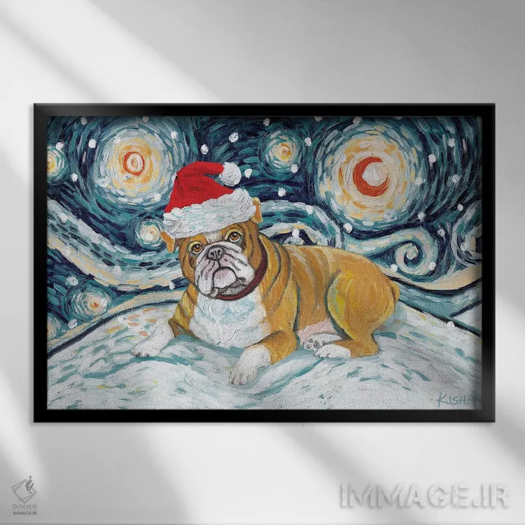 تابلو دکوراتیو بولداگ در یک شب برفی اثر گرچن کیش سرانو - نمای قابدار مشکی