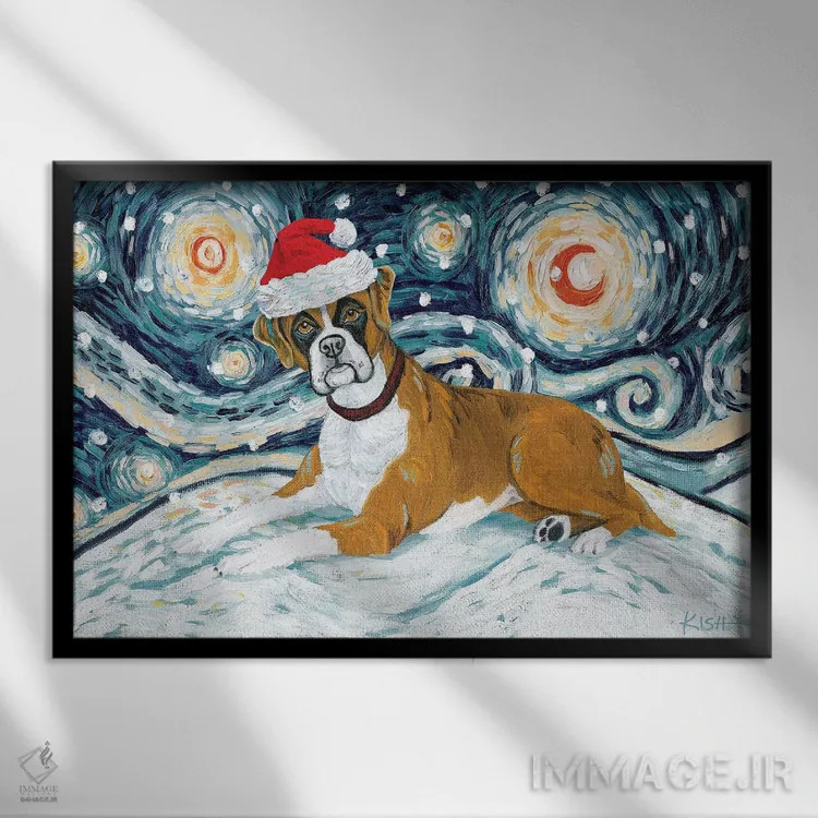 تابلو دکوراتیو باکسر در یک شب برفی اثر گرچن کیش سرانو - نمای قابدار مشکی