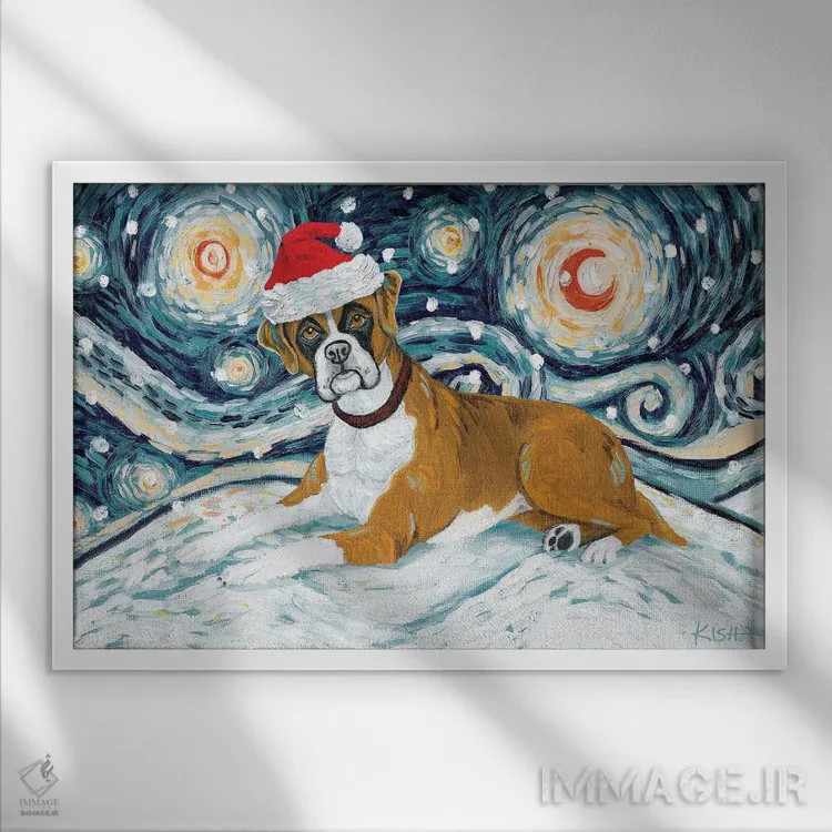 تابلو دکوراتیو باکسر در یک شب برفی اثر گرچن کیش سرانو - نمای قابدار سفید