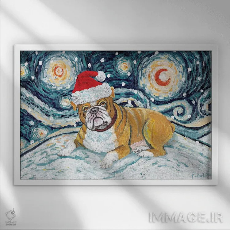 تابلو دکوراتیو بولداگ در یک شب برفی اثر گرچن کیش سرانو - نمای قابدار سفید