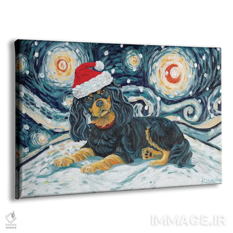 تابلو دکوراتیو کاوالیر کینگ چارلز در یک شب برفی مشکی و خرمایی اثر گرچن کیش سرانو - نمای پرسپکتیو محصول