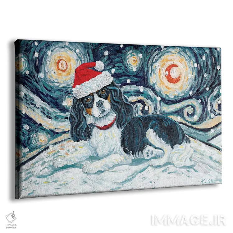 تابلو دکوراتیو کاوالیر کینگ چارلز در یک شب برفی سه رنگ اثر گرچن کیش سرانو - نمای پرسپکتیو محصول