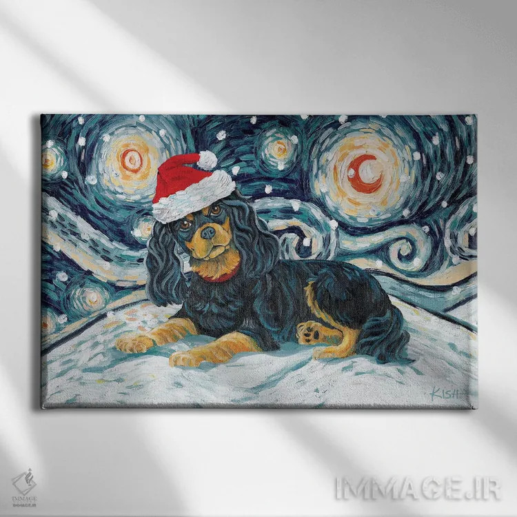 تابلو دکوراتیو کاوالیر کینگ چارلز در یک شب برفی مشکی و خرمایی اثر گرچن کیش سرانو - نمای روبهرو روی دیوار