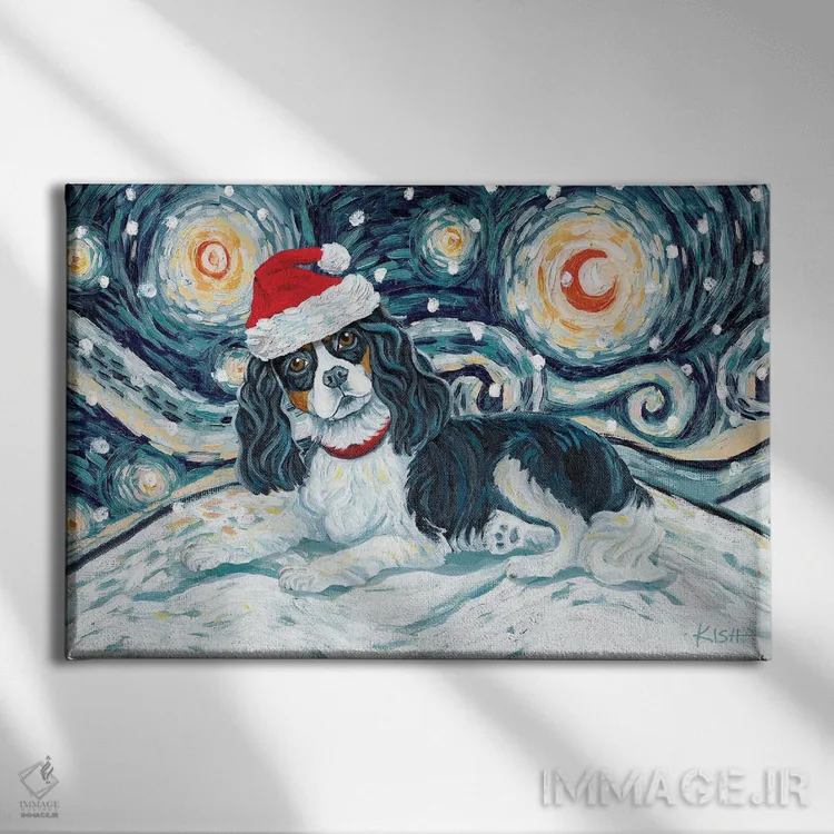 تابلو دکوراتیو کاوالیر کینگ چارلز در یک شب برفی سه رنگ اثر گرچن کیش سرانو - نمای روبهرو روی دیوار