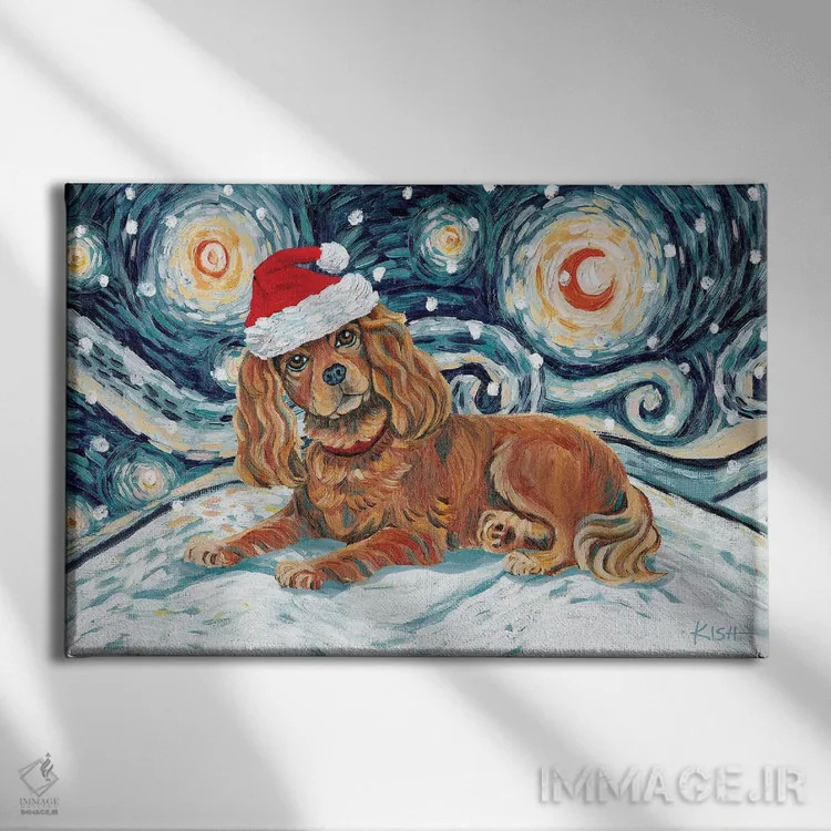 تابلو دکوراتیو کاوالیر کینگ چارلز در یک شب برفی روبی اثر گرچن کیش سرانو - نمای روبهرو روی دیوار