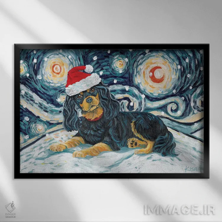 تابلو دکوراتیو کاوالیر کینگ چارلز در یک شب برفی مشکی و خرمایی اثر گرچن کیش سرانو - نمای قابدار مشکی