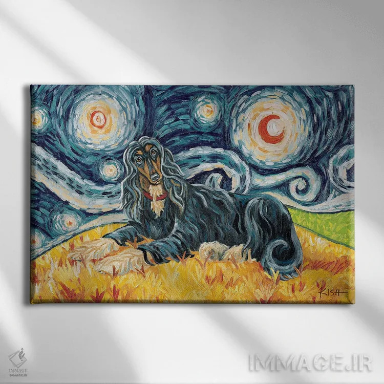 تابلو دکوراتیو سگ افغان در یک شب پرستاره اثر گرچن کیش سرانو - نمای روبهرو روی دیوار