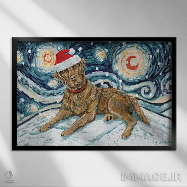 تابلو دکوراتیو ریتریور چساپیک بی در یک شب برفی اثر گرچن کیش سرانو - نمای قابدار مشکی