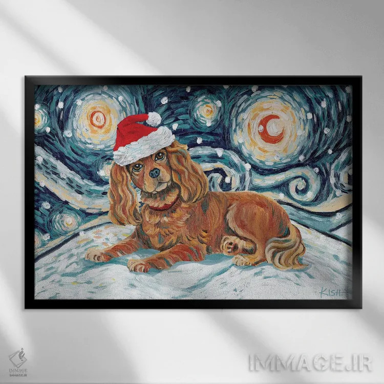 تابلو دکوراتیو کاوالیر کینگ چارلز در یک شب برفی روبی اثر گرچن کیش سرانو - نمای قابدار مشکی