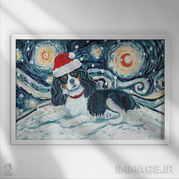 تابلو دکوراتیو کاوالیر کینگ چارلز در یک شب برفی سه رنگ اثر گرچن کیش سرانو - نمای قابدار سفید