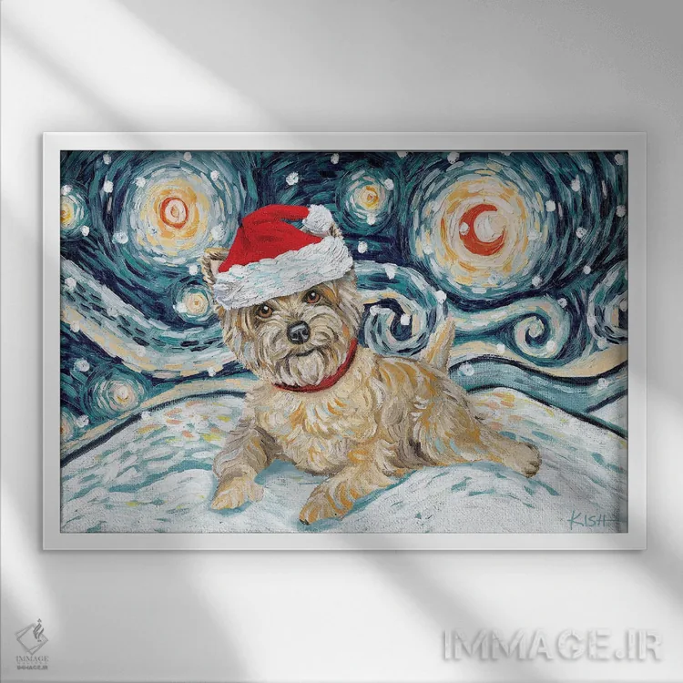 تابلو دکوراتیو کرن تریر در یک شب برفی اثر گرچن کیش سرانو - نمای قابدار سفید