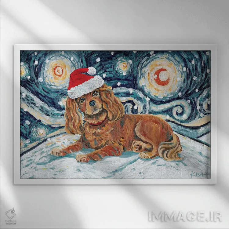 تابلو دکوراتیو کاوالیر کینگ چارلز در یک شب برفی روبی اثر گرچن کیش سرانو - نمای قابدار سفید