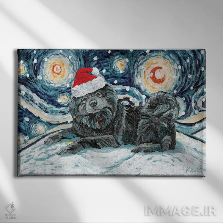 تابلو دکوراتیو چاو چاو مشکی در یک شب برفی اثر گرچن کیش سرانو - نمای روبهرو روی دیوار