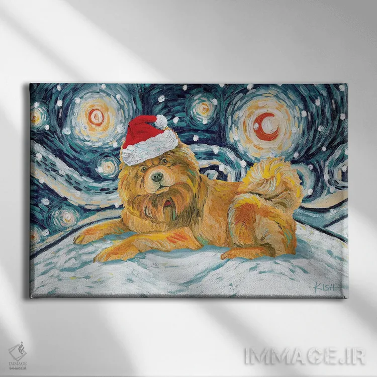 تابلو دکوراتیو چاو چاو روشن در یک شب برفی اثر گرچن کیش سرانو - نمای روبهرو روی دیوار