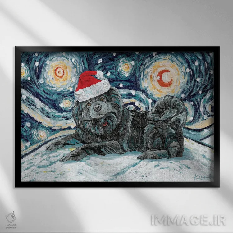 تابلو دکوراتیو چاو چاو مشکی در یک شب برفی اثر گرچن کیش سرانو - نمای قابدار مشکی