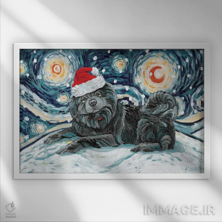 تابلو دکوراتیو چاو چاو مشکی در یک شب برفی اثر گرچن کیش سرانو - نمای قابدار سفید