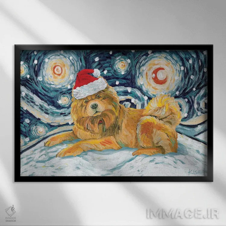 تابلو دکوراتیو چاو چاو روشن در یک شب برفی اثر گرچن کیش سرانو - نمای قابدار مشکی