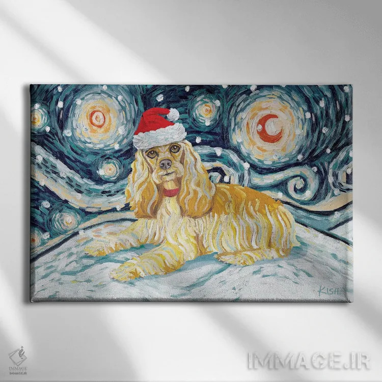 تابلو دکوراتیو کوکر اسپانیل در یک شب برفی اثر گرچن کیش سرانو - نمای روبهرو روی دیوار