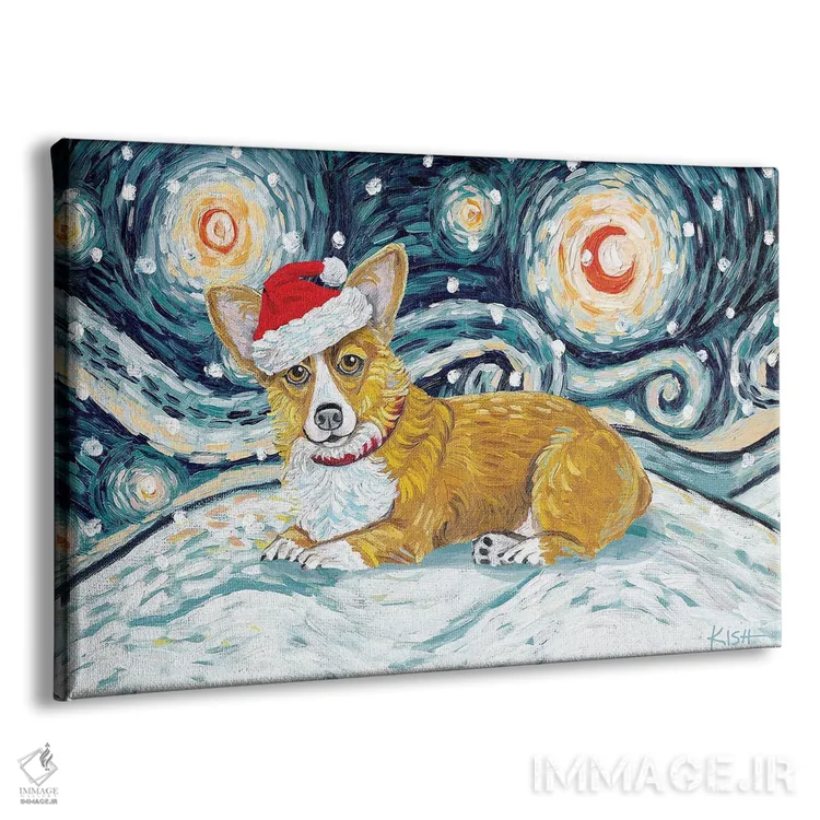 تابلو دکوراتیو کورگی در یک شب برفی اثر گرچن کیش سرانو - نمای پرسپکتیو محصول