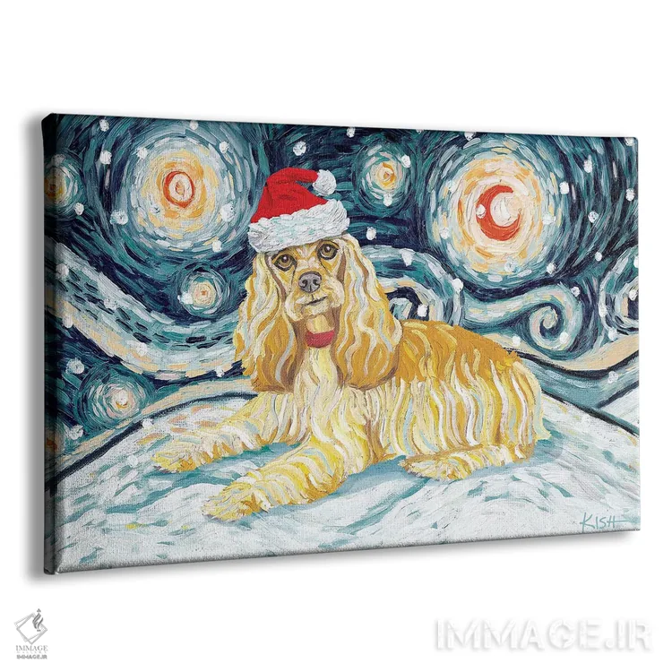 تابلو دکوراتیو کوکر اسپانیل در یک شب برفی اثر گرچن کیش سرانو - نمای پرسپکتیو محصول
