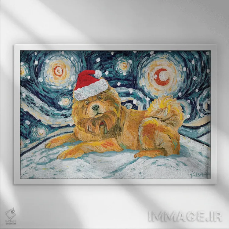 تابلو دکوراتیو چاو چاو روشن در یک شب برفی اثر گرچن کیش سرانو - نمای قابدار سفید