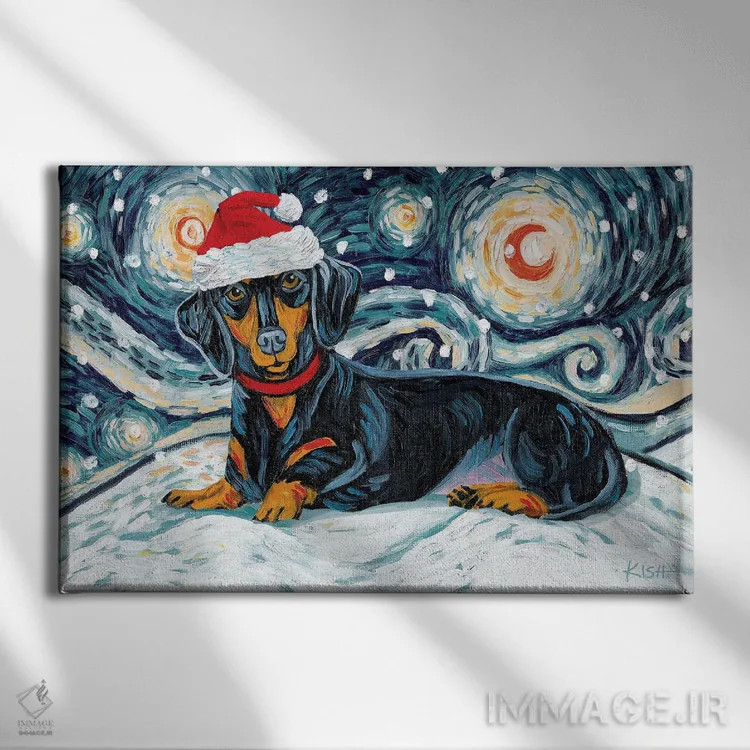 تابلو دکوراتیو داشهاند در یک شب برفی مشکی و خرمایی اثر گرچن کیش سرانو - نمای روبهرو روی دیوار