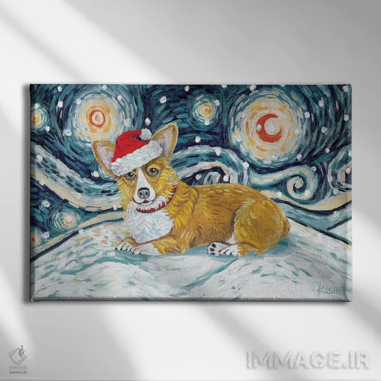 تابلو دکوراتیو کورگی در یک شب برفی اثر گرچن کیش سرانو - نمای روبهرو روی دیوار