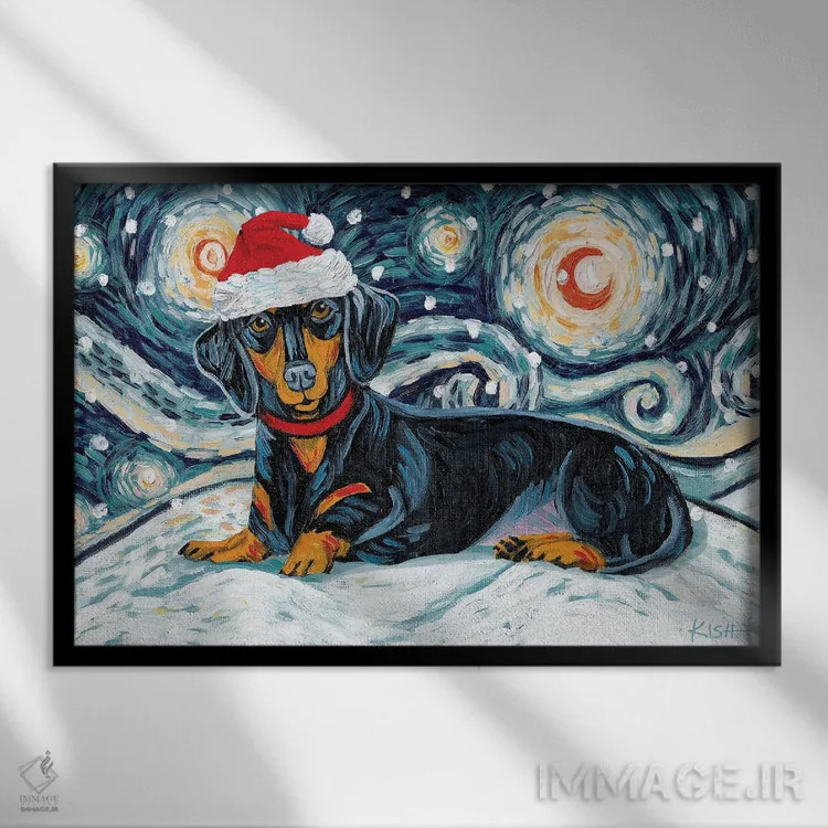 تابلو دکوراتیو داشهاند در یک شب برفی مشکی و خرمایی اثر گرچن کیش سرانو - نمای قابدار مشکی