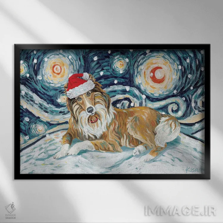 تابلو دکوراتیو کولی با خط سفید در یک شب برفی اثر گرچن کیش سرانو - نمای قابدار مشکی