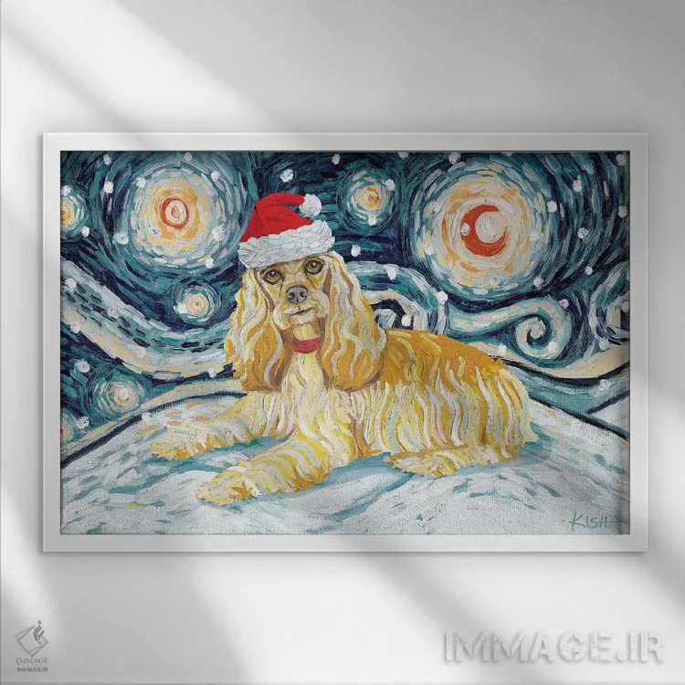 تابلو دکوراتیو کوکر اسپانیل در یک شب برفی اثر گرچن کیش سرانو - نمای قابدار سفید