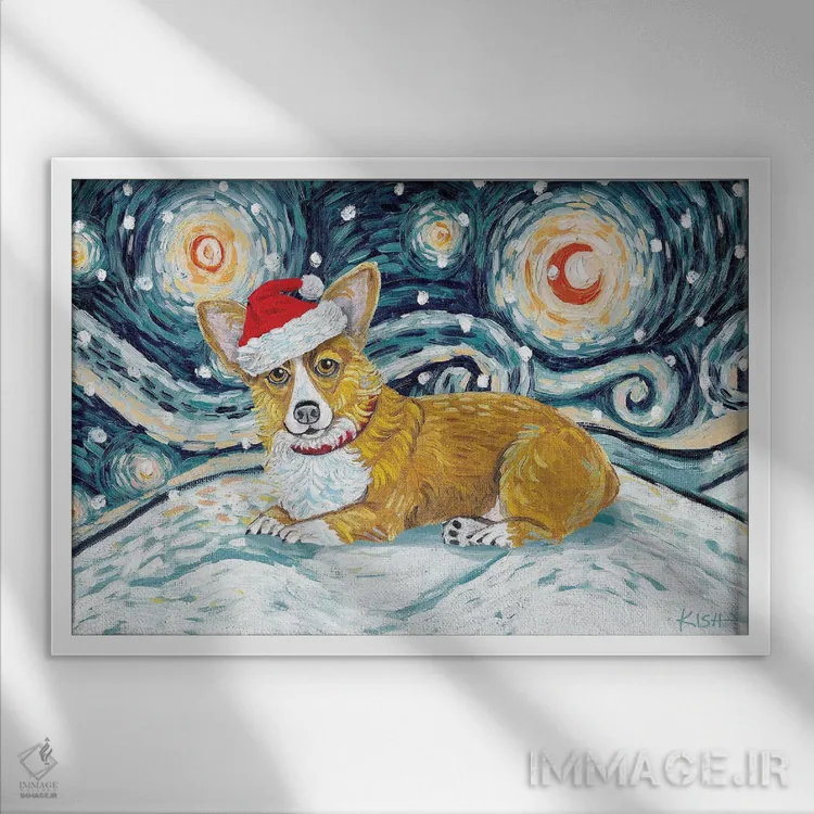 تابلو دکوراتیو کورگی در یک شب برفی اثر گرچن کیش سرانو - نمای قابدار سفید