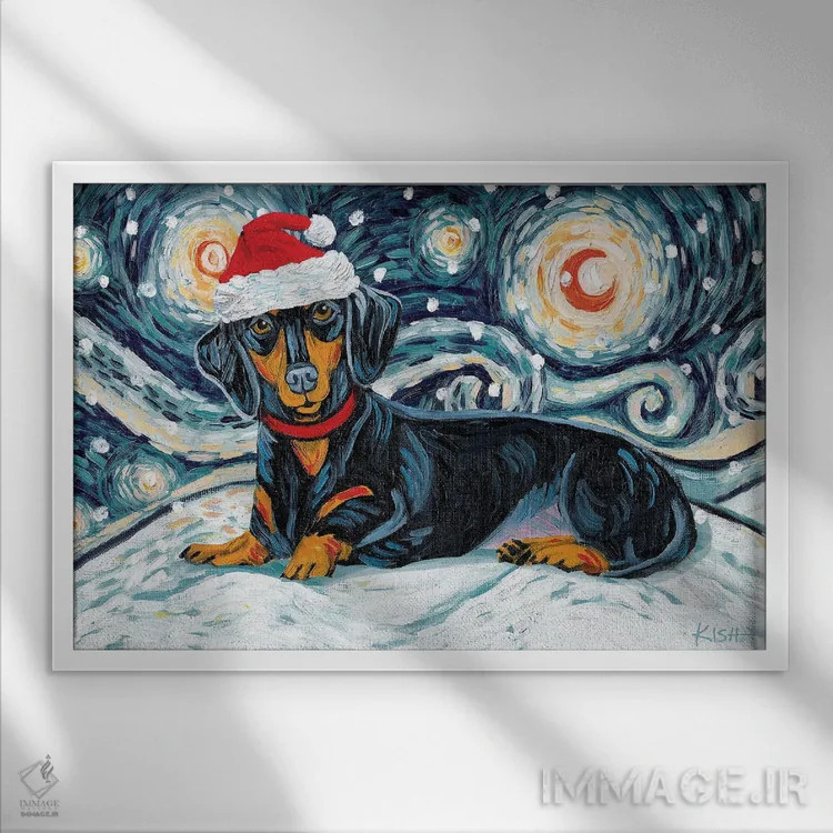 تابلو دکوراتیو داشهاند در یک شب برفی مشکی و خرمایی اثر گرچن کیش سرانو - نمای قابدار سفید