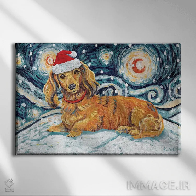 تابلو دکوراتیو داشهاند مو بلند قرمز در یک شب برفی اثر گرچن کیش سرانو - نمای روبهرو روی دیوار