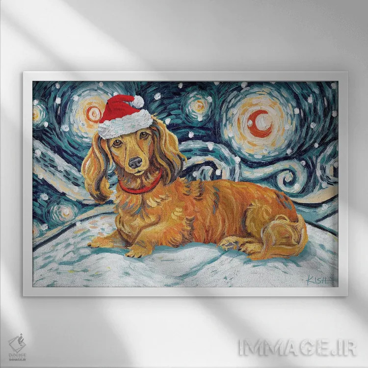 تابلو دکوراتیو داشهاند مو بلند قرمز در یک شب برفی اثر گرچن کیش سرانو - نمای قابدار سفید