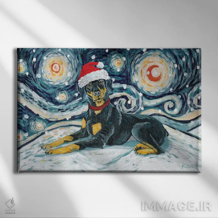 تابلو دکوراتیو دوبرمن گوش طبیعی در یک شب برفی اثر گرچن کیش سرانو - نمای روبهرو روی دیوار