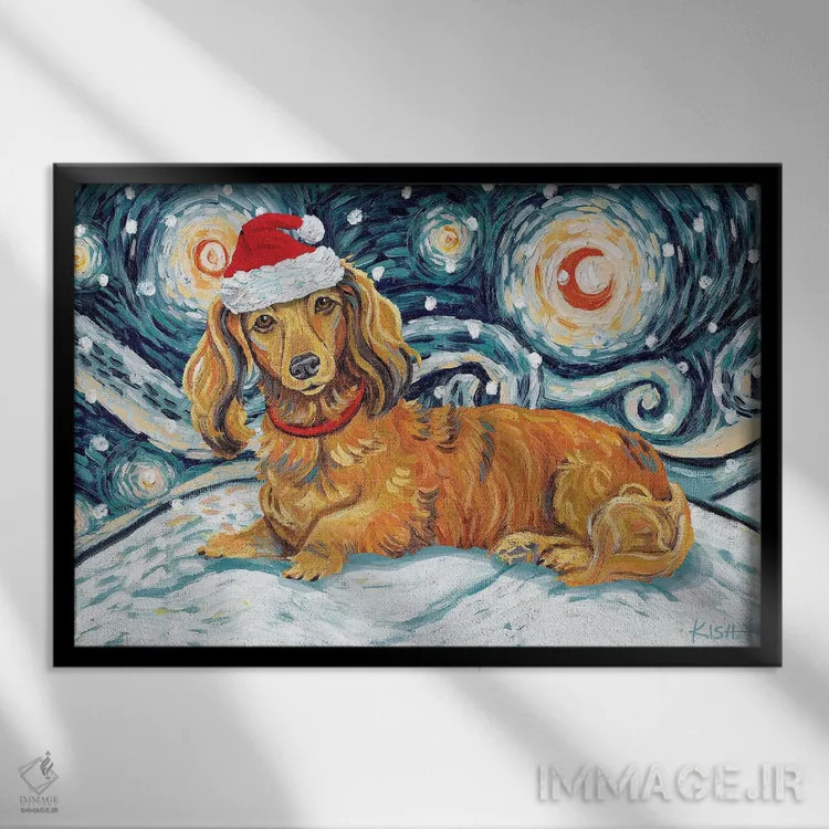 تابلو دکوراتیو داشهاند مو بلند قرمز در یک شب برفی اثر گرچن کیش سرانو - نمای قابدار مشکی