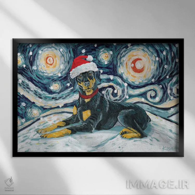 تابلو دکوراتیو دوبرمن گوش طبیعی در یک شب برفی اثر گرچن کیش سرانو - نمای قابدار مشکی