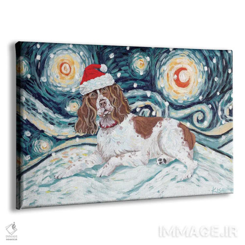 تابلو دکوراتیو انگلیش اسپرینگر اسپانیل در یک شب برفی اثر گرچن کیش سرانو - نمای پرسپکتیو محصول