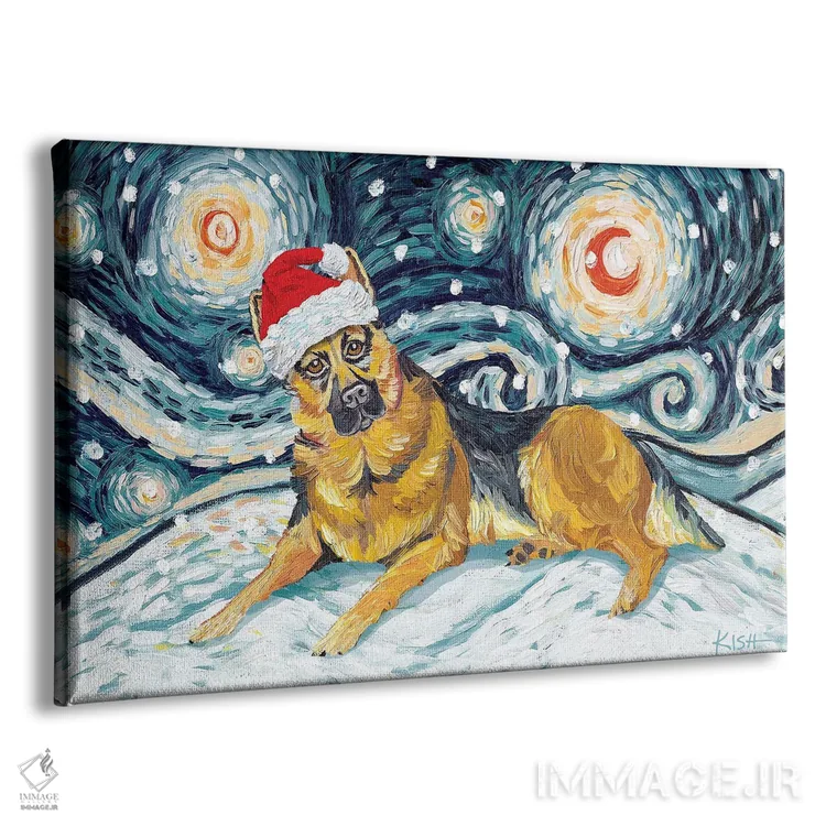 تابلو دکوراتیو ژرمن شپرد در یک شب برفی اثر گرچن کیش سرانو - نمای پرسپکتیو محصول