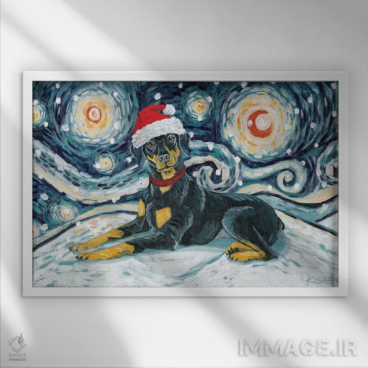 تابلو دکوراتیو دوبرمن گوش طبیعی در یک شب برفی اثر گرچن کیش سرانو - نمای قابدار سفید